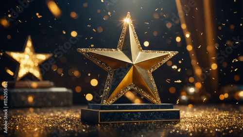 Golden three step podium with star glowing. Gold stage with glitter and light smoke on dark background. Hollywood fame in film and cinema or