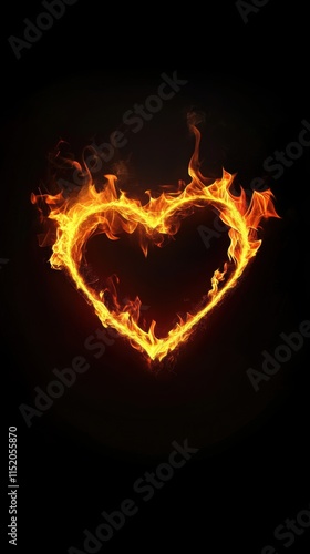 Heart-shaped flames burning vividly on a deep black background, symbolizing passion, love, and intensity. Perfect for romance themes and dramatic artistic expressions.