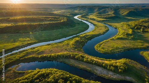 Aerial view of meandering river at golden hour