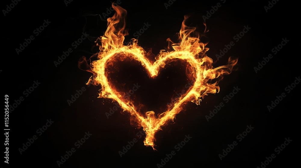 Fototapeta premium Flaming heart-shaped designs with vibrant fire textures and intense colors, set against a deep black background. Evoking passion, romance, and drama with a fiery glow.