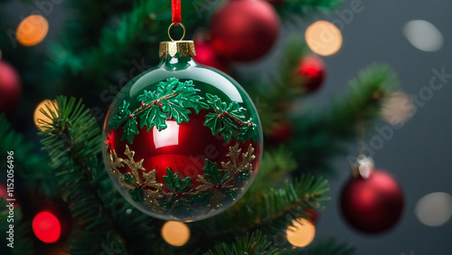 Christmas tree with ornaments, close-up