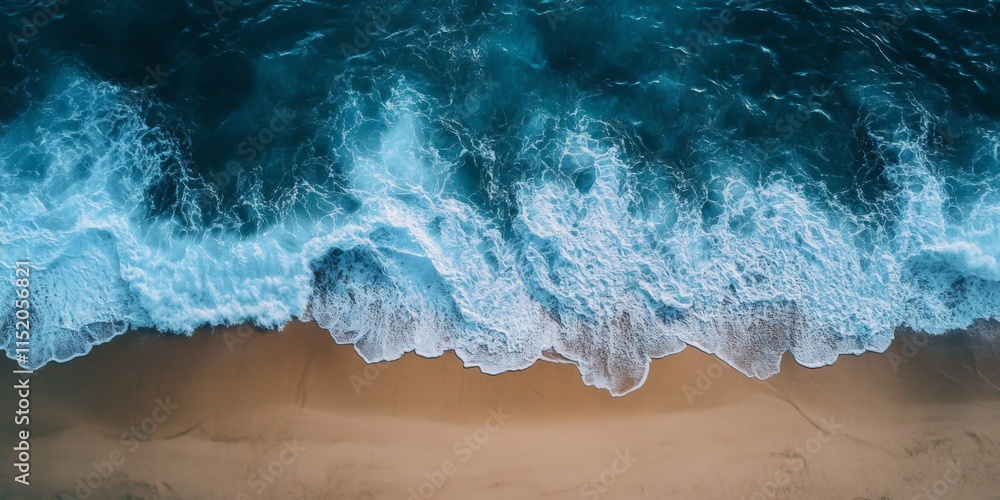Ocean waves crashing on a sandy beach under a blue sky Ocean waves crashing on a sandy beach under a blue sky