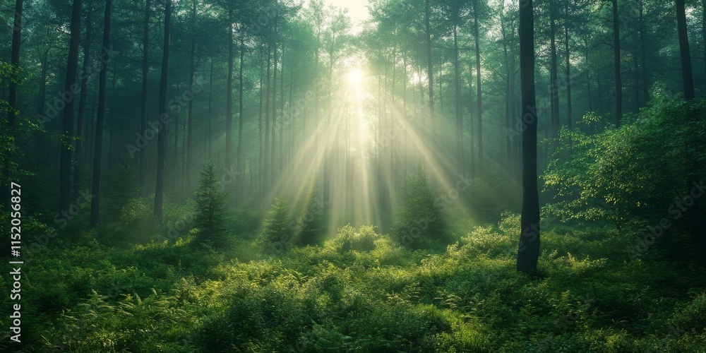 Fototapeta premium Sunlight streaming through trees in a dense forest