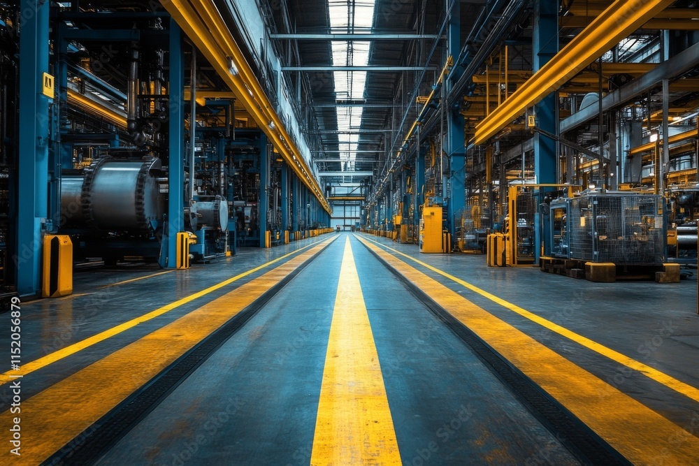 Industrial factory corridor with yellow markings and modern equipment Industrial factory corridor with yellow markings and modern equipment