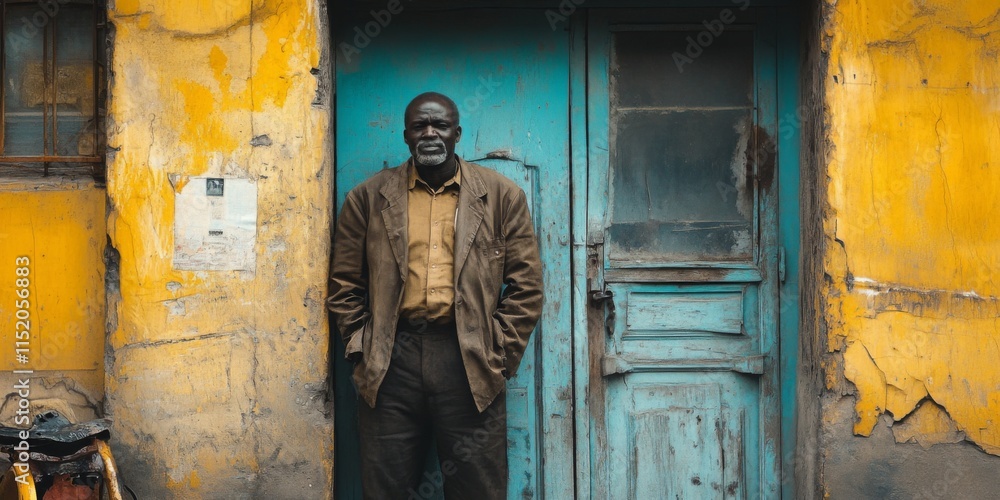 Portrait of a man standing in front of a blue wooden door Portrait of a man standing in front of a blue wooden door