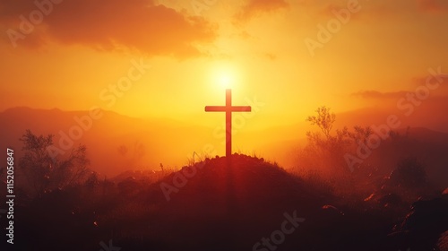 A silhouette of a cross against a vibrant sunset, symbolizing faith and hope.