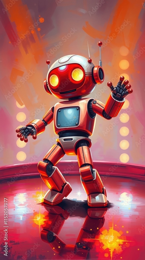 A charming robot showcases its dancing skills on a brightly lit stage, captivating the audience with energetic moves and a playful demeanor amid a colorful backdrop A charming robot showcases its dancing skills on a brightly lit stage, captivating the audience with energetic moves and a playful demeanor amid a colorful backdrop