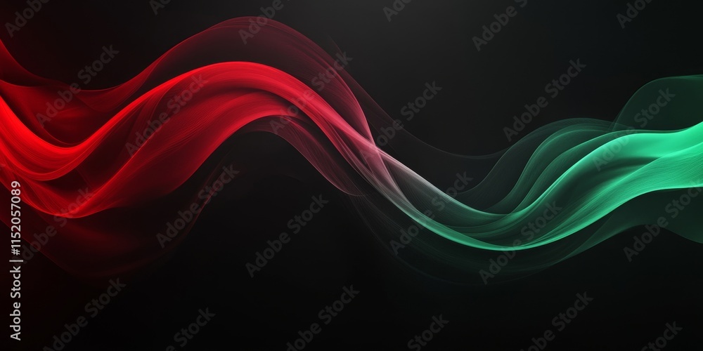 Obraz premium Red green black grainy gradient background glowing color wave on dark backdrop, noise texture banner header design, Generative AI