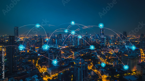 Wallpaper Mural Smart digital city with connection cyber security network reciprocity over the cityscape . future smart wireless digital city and social media networking systems that connects people within the city Torontodigital.ca