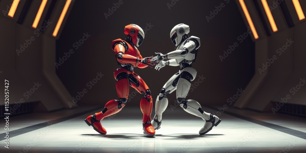 An electric duet of vibrant robots engages in an intricate dance, seamlessly synchronized in a high-tech environment, captivating onlookers with their moves An electric duet of vibrant robots engages in an intricate dance, seamlessly synchronized in a high-tech environment, captivating onlookers with their moves