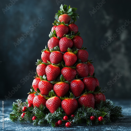 Strawberry Christmas tree with festive lights and snow.