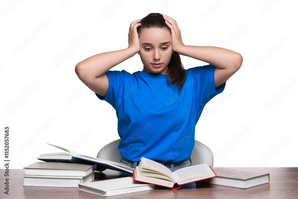 Young student with books having stress before exam at wooden table isolated on white Young student with books having stress before exam at wooden table isolated on white