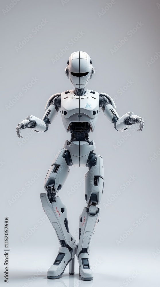 Fototapeta premium A humanoid robot performs an intricate dance routine, moving fluidly with grace and precision in a sleek, modern environment, captivating all onlookers with its display