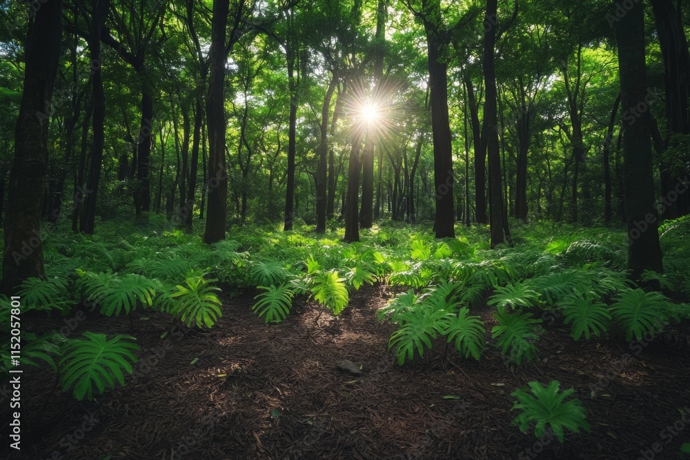 Fototapeta premium Sunlit forest with vibrant green trees and clear sky