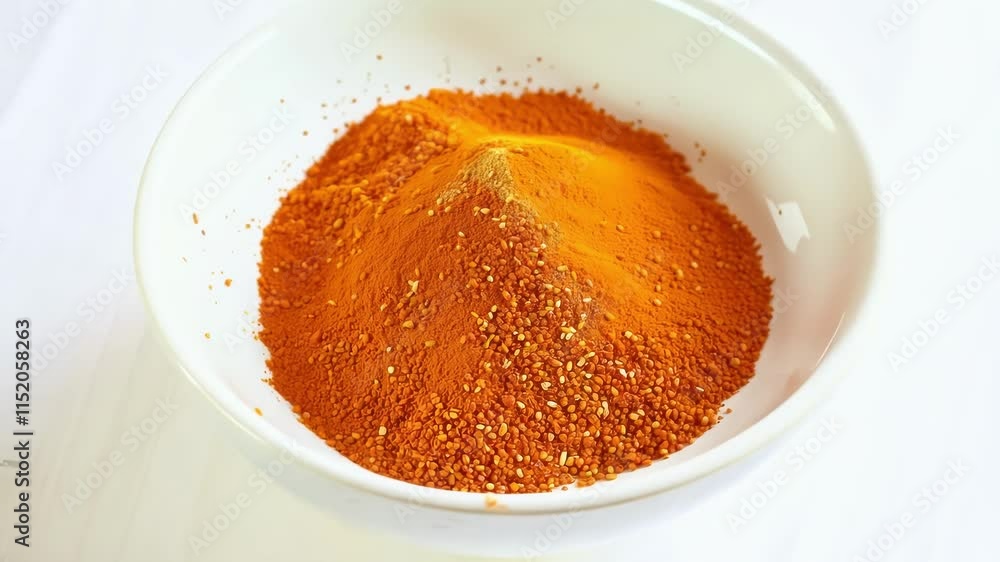 A vibrant mound of turmeric powder in a white bowl on a light surface.