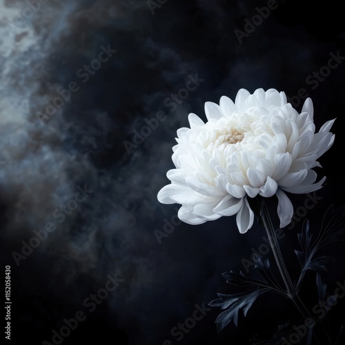 A mourning background featuring a beautiful white chrysanthemum flower against a dark backdrop, with ample space for text. photo