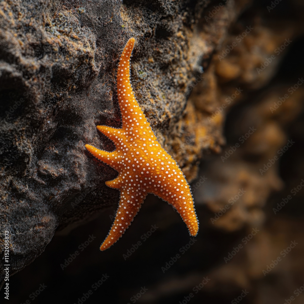 Vibrant Orange Starfish Clinging to Rocky Ocean Floor Surrounded by Texture and Detail, Capturing the Beauty and Diversity of Marine Life Underwater Vibrant Orange Starfish Clinging to Rocky Ocean Floor Surrounded by Texture and Detail, Capturing the Beauty and Diversity of Marine Life Underwater