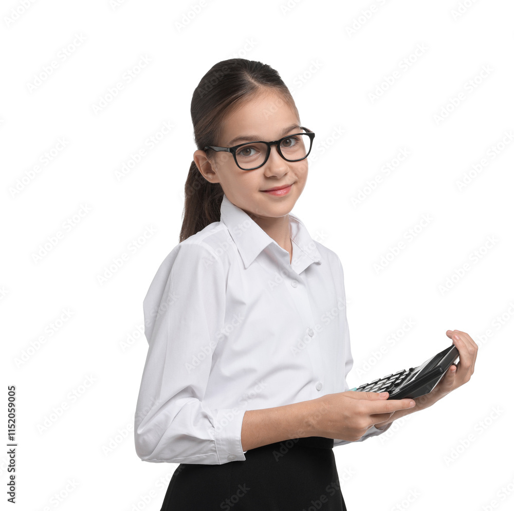 Girl with glasses and calculator pretending to be accountant on white background. Dreaming of future profession Girl with glasses and calculator pretending to be accountant on white background. Dreaming of future profession