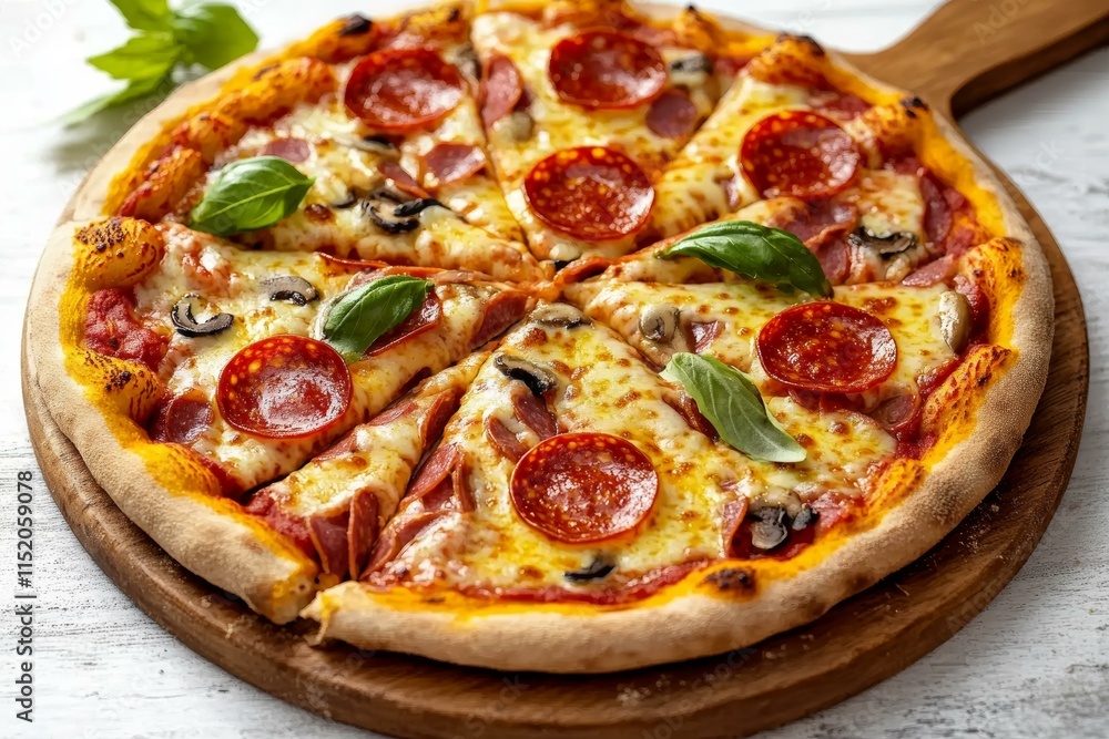 Deliciously Sliced Pepperoni Pizza on Wooden Board Deliciously Sliced Pepperoni Pizza on Wooden Board