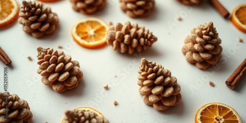 A Close-up of Pine Cones, Orange Slices, and Cinnamon Sticks on a White Background
