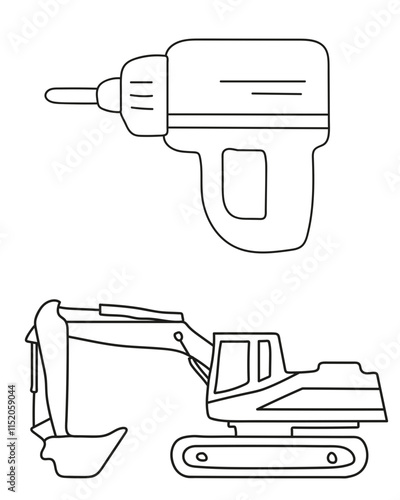 Hand Drill, Excavator common tools in a construction vector set include a saw, ideal for cutting wood, metal, a drill, which creates holes in various materials. clean, modern vector style.