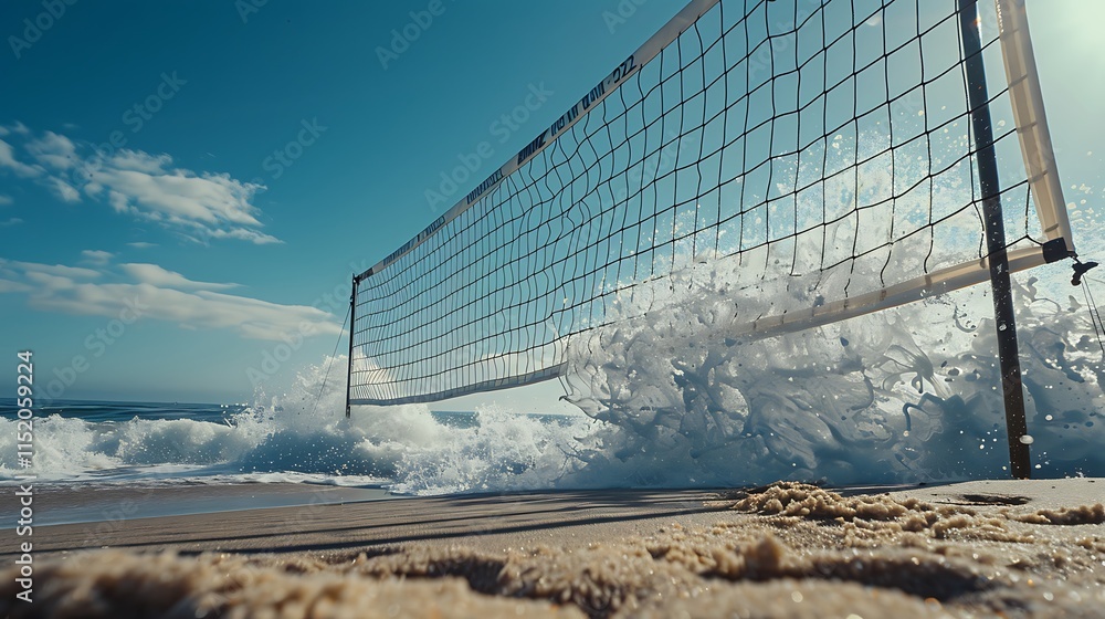 A beach volleyball net with the ocean waves crashing behind it, wide angle lens, f22, A beach volleyball net with the ocean waves crashing behind it, wide angle lens, f22,