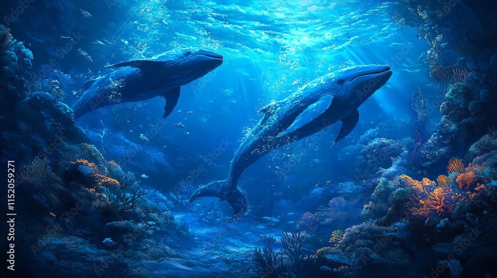 Obraz premium Two majestic whales swimming gracefully through a vibrant underwater landscape filled with coral and sea life.