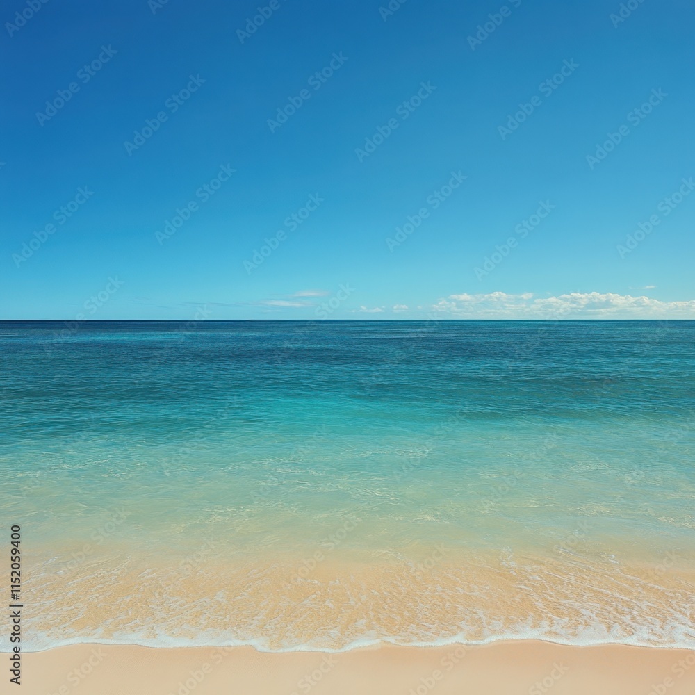 Fototapeta premium A panoramic tropical beach scene featuring a broad seascape where the clear blue sky seamlessly merges with the tranquil sea.