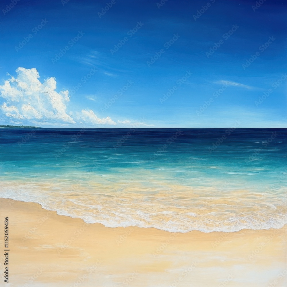 Fototapeta premium A panoramic tropical beach scene featuring a broad seascape where the clear blue sky seamlessly merges with the tranquil sea.