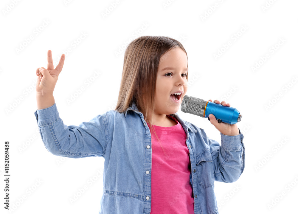 Cute girl with microphone singing on white background Cute girl with microphone singing on white background