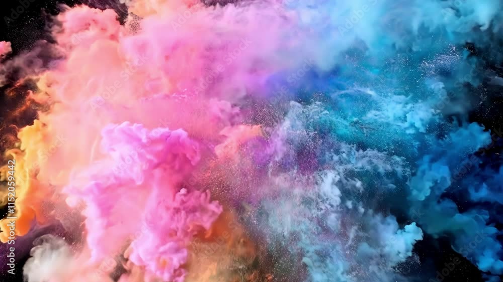 A vibrant explosion of colorful smoke against a dark background. A vibrant explosion of colorful smoke against a dark background.