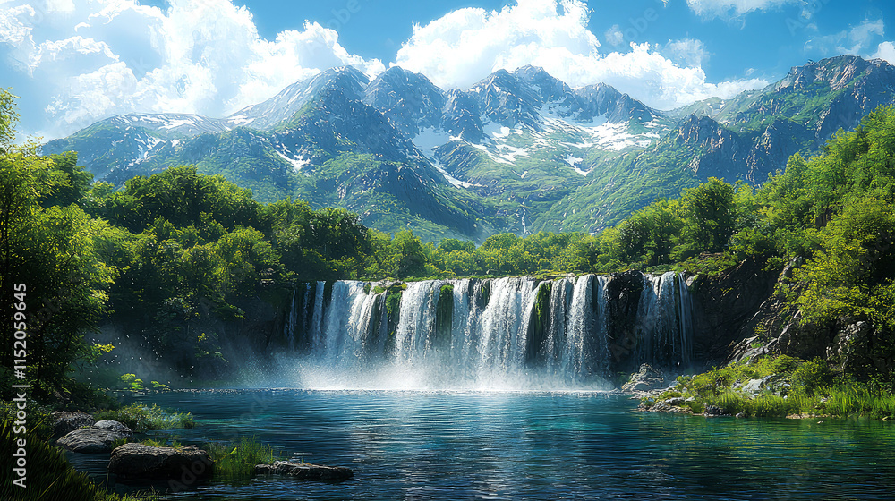 Fototapeta premium Majestic waterfall cascading into a serene mountain lake, surrounded by lush greenery under a vibrant blue sky.