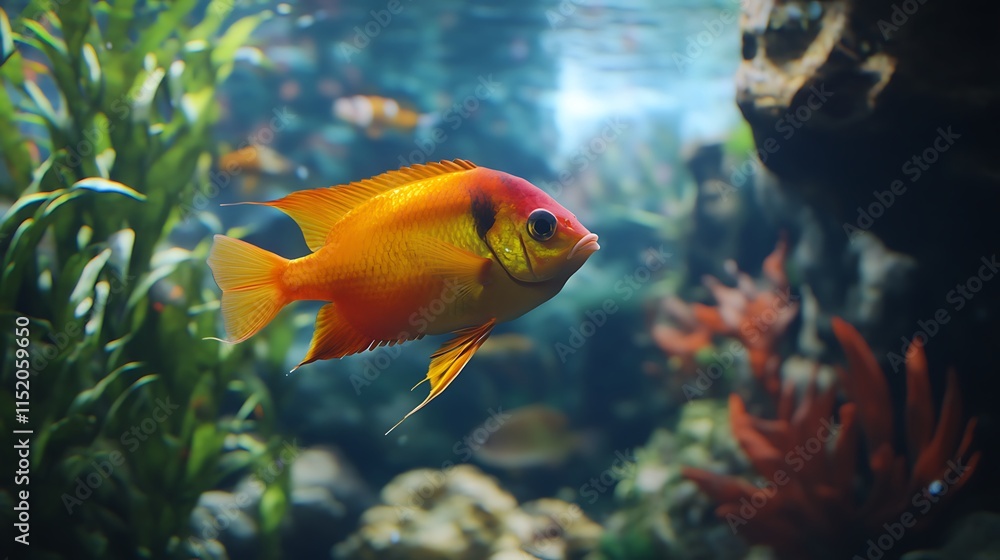 A vibrant orange fish swims amidst aquatic plants in a colorful underwater scene. A vibrant orange fish swims amidst aquatic plants in a colorful underwater scene.