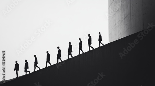 A group of people walking up a building