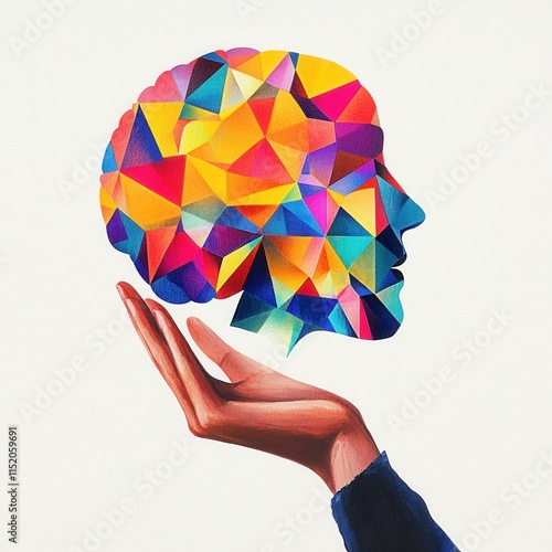 A person holding a vibrant, geometric illustration of a human head, symbolizing mental health awareness and the diversity of thought. photo