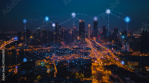 Wallpaper Mural Smart digital city with connection cyber security network reciprocity over the cityscape . future smart wireless digital city and social media networking systems that connects people within the city Torontodigital.ca