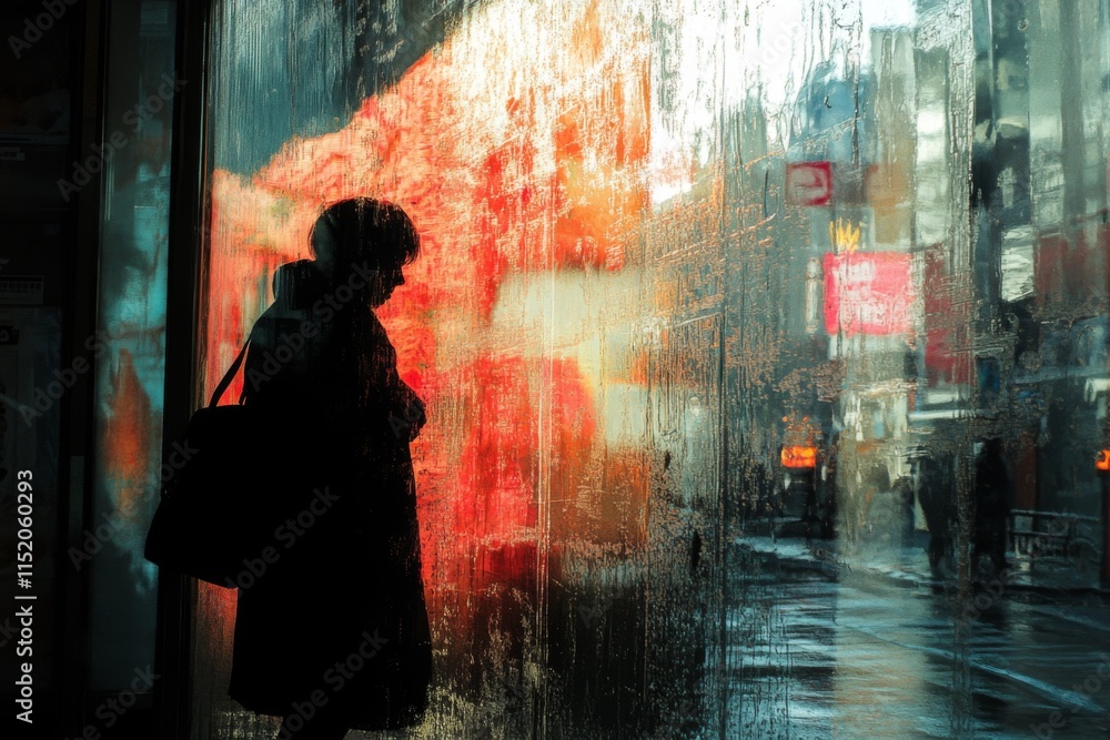 Obraz premium Silhouette of a woman walking through rainy city streets