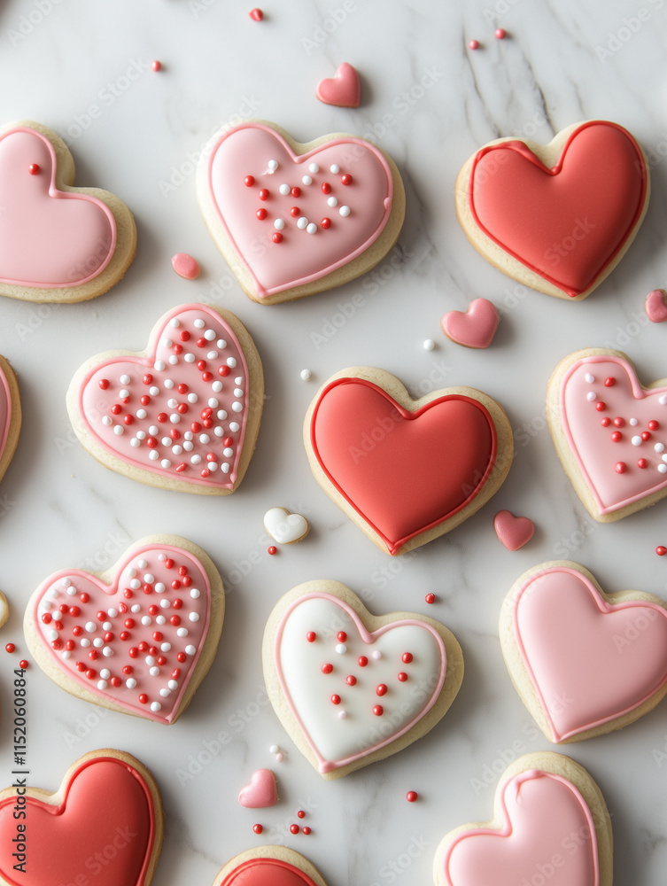 flat lay of heart shaped sugar cookies in red, pink, and white, cookies for St. Valentines' day, desserts, romantic, sugar cookies flat lay of heart shaped sugar cookies in red, pink, and white, cookies for St. Valentines' day, desserts, romantic, sugar cookies