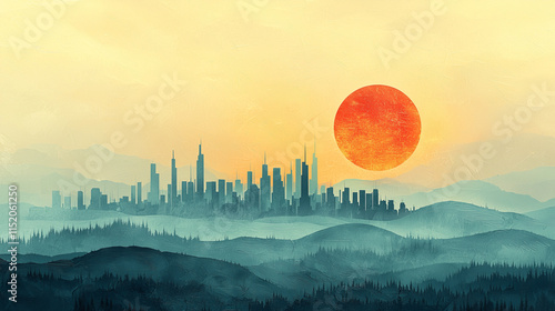 Artistic skyline silhouette at sunset with colorful hills and abstract textures in a serene nature scene