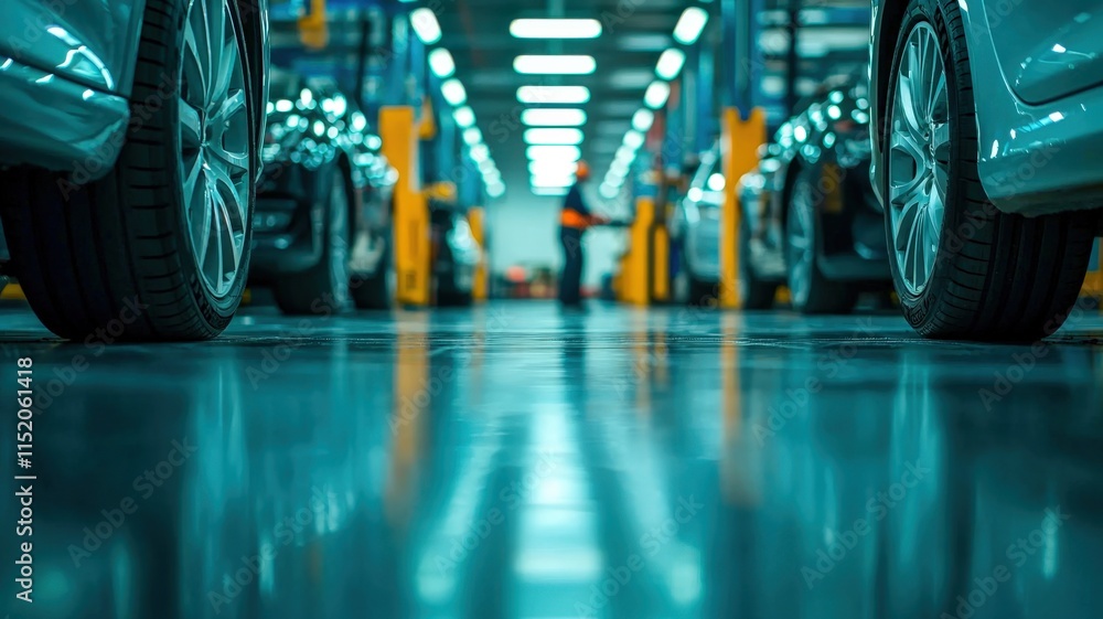A view of a car manufacturing facility, showcasing vehicles lined up with a polished floor and vibrant overhead lighting. A view of a car manufacturing facility, showcasing vehicles lined up with a polished floor and vibrant overhead lighting.