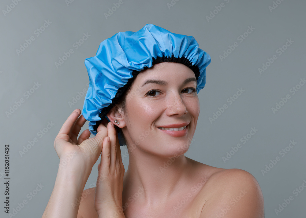 Woman wearing shower cap on grey background Woman wearing shower cap on grey background
