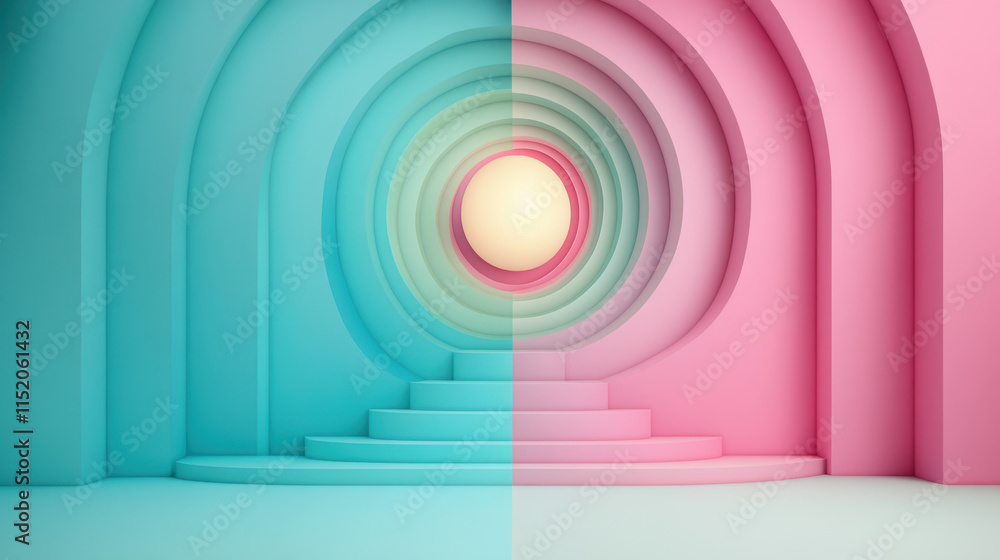 Naklejka premium Eternity, A surreal image featuring an infinite staircase that spirals around a glowing element, creating a visually captivating and dreamlike atmosphere.