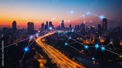 Smart digital city with connection cyber security network reciprocity over the cityscape . future smart wireless digital city and social media networking systems that connects people within the city