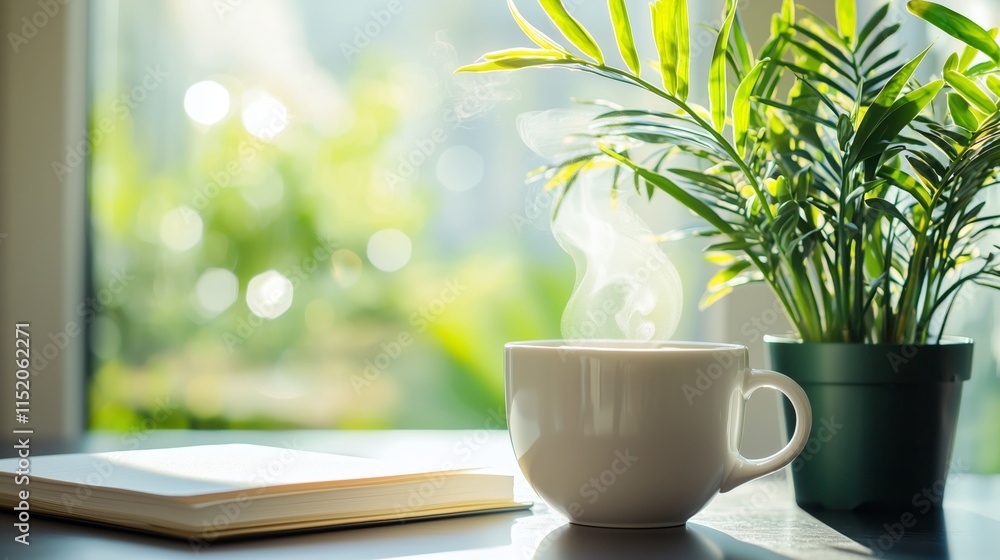 Serene Morning Scene with Coffee and Green Plant Serene Morning Scene with Coffee and Green Plant