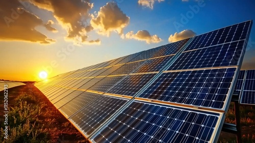 Solar panels capture sunlight at sunset, promoting renewable energy solutions. photo