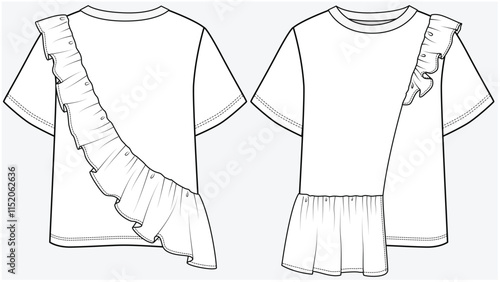 CREW NECK TEE WITH ASYMMETRIC LAYERED FRILL DESIGNED FOR YOUNG WOMEN AND TEEN GIRLS IN VECTOR FILE