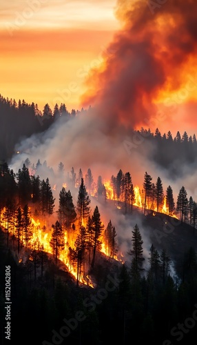 Intense wildfire blazing through forest with dramatic smoke and fiery glow. photo