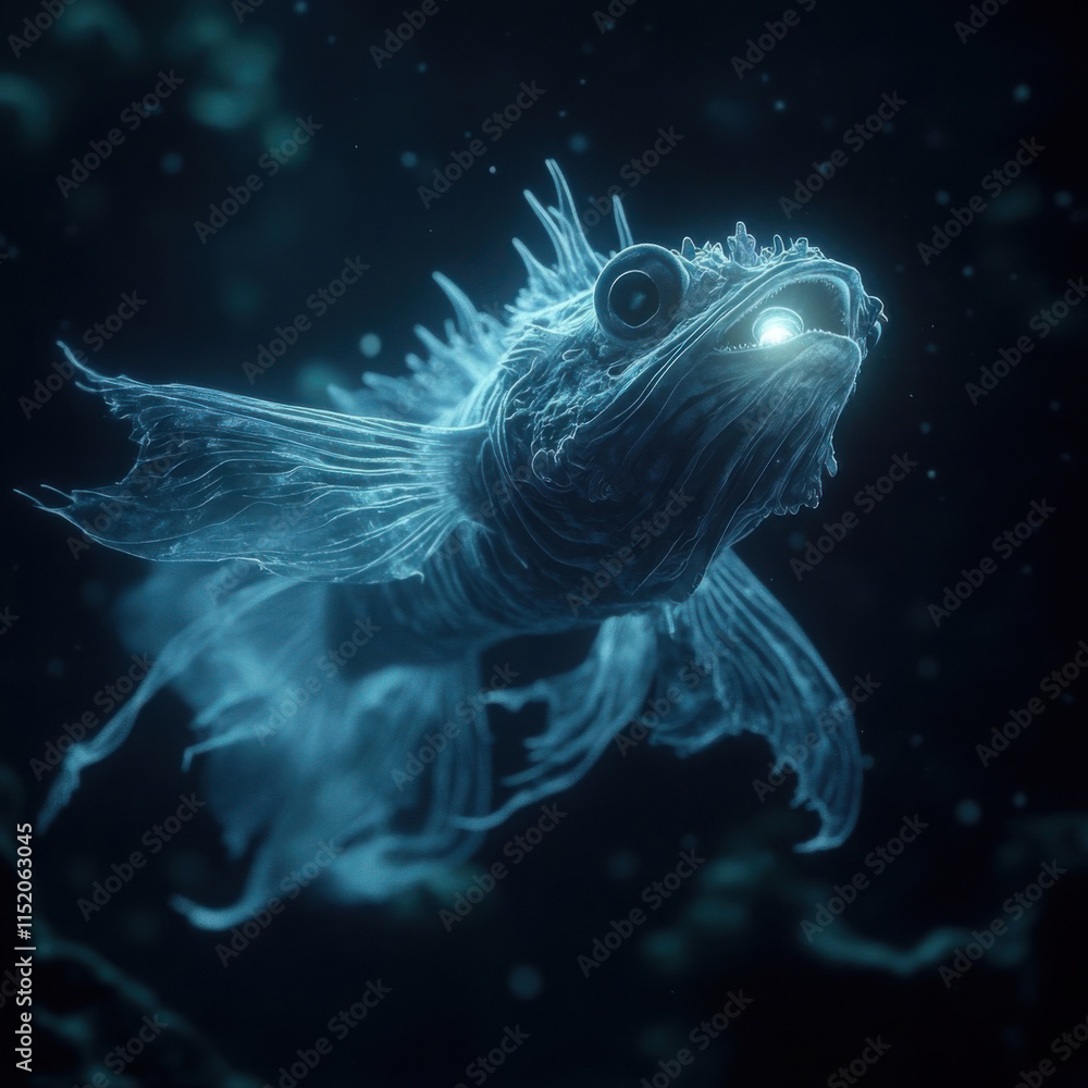 Stunning Deep-Sea Fish with Luminous Fin and Glowing Features Captured in Underwater Imagery, Displaying Bioluminescence and Exotic Marine Life in Action Stunning Deep-Sea Fish with Luminous Fin and Glowing Features Captured in Underwater Imagery, Displaying Bioluminescence and Exotic Marine Life in Action