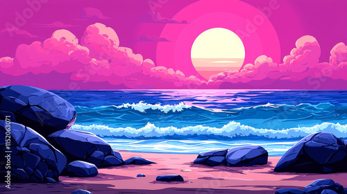 Pink sunset over ocean beach with rocks.