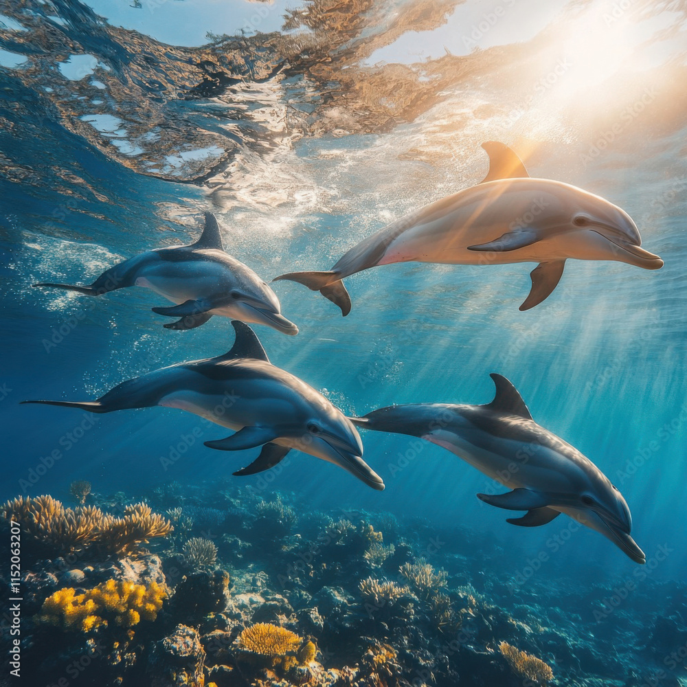 Fototapeta premium Playful Dolphins Swimming Together in Clear Tropical Waters Surrounded by Colorful Coral Reefs and Sunlight Beaming Through the Ocean Surface